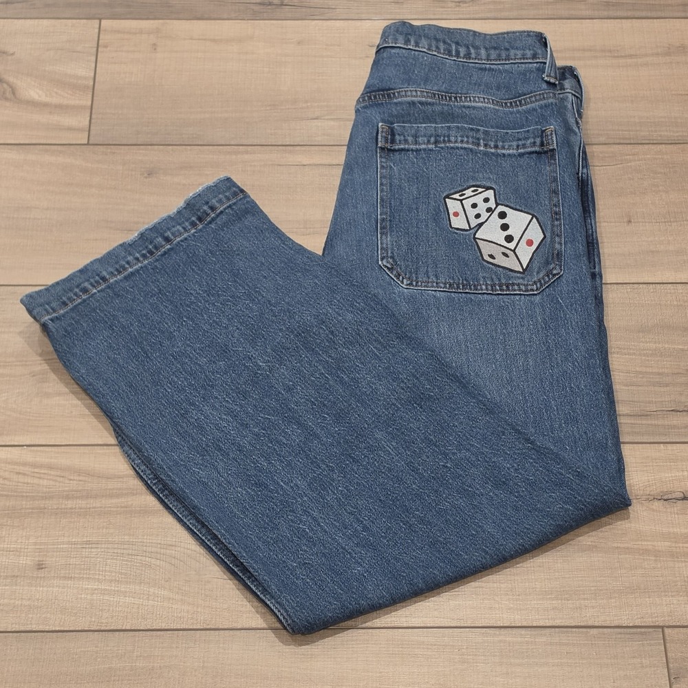Hollister Men's Dark Wash Dice Graphic Super Baggy Jeans 33x32 Denim Y2K Skate